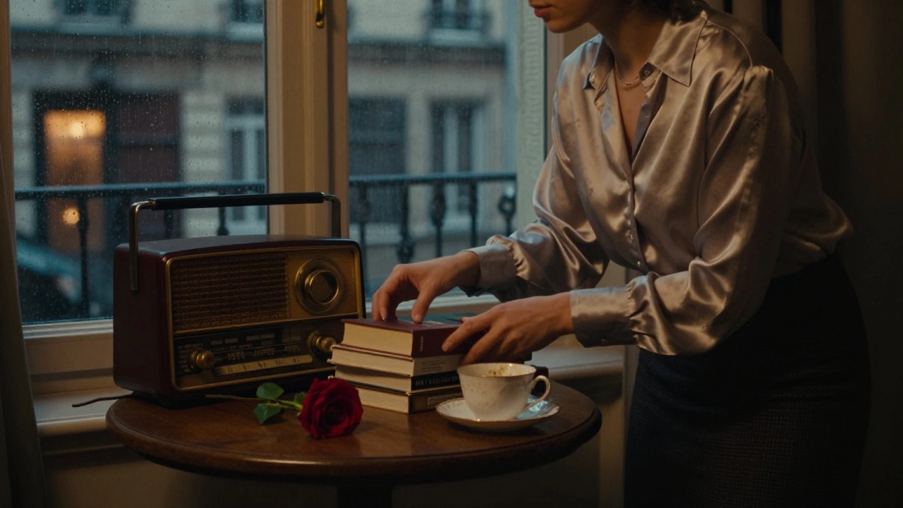 An empty apartment interior with a teacup and rose, suggesting a recent personal encounter.