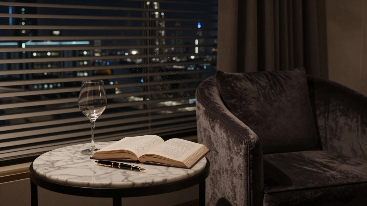 An empty yet deeply personal hotel room with an open book, wine glass, and pen, hinting at a recent intimate encounter.